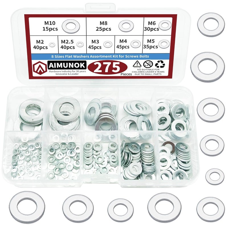 AIMUNOK 275pcs White zinc Plating on Carbon Steel Flat Washers Set Big Plain Washers Gaskets M2 M2.5 M3 M4 M5 M6 M8 M10 Metal Fasteners Kit - Image 1